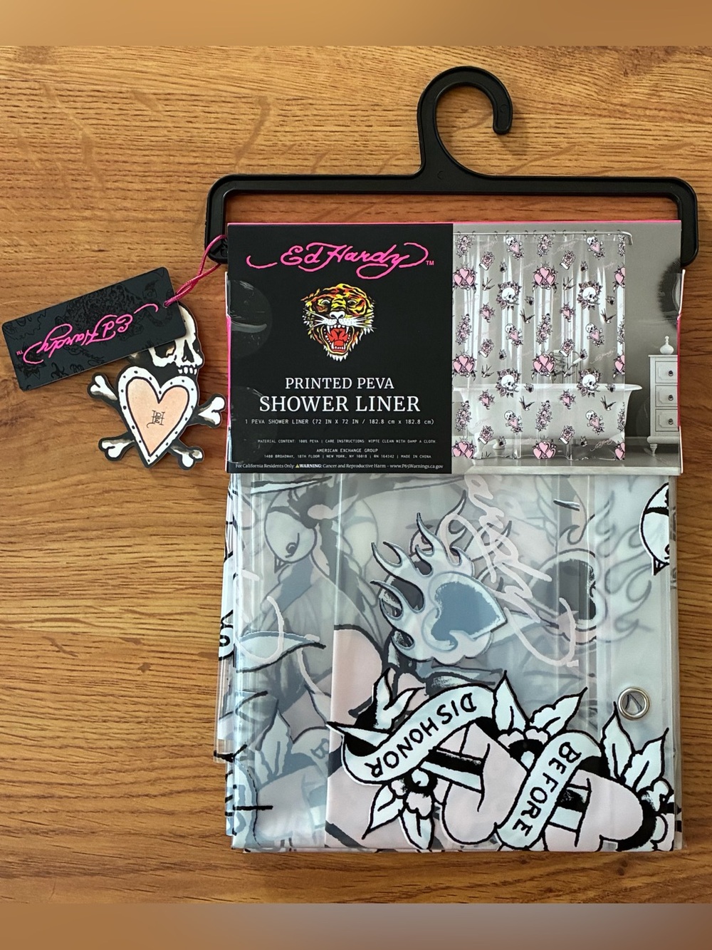 Ed Hardy Gray & Pink Skull Tattoo-Print Shower Curtain / Liner
